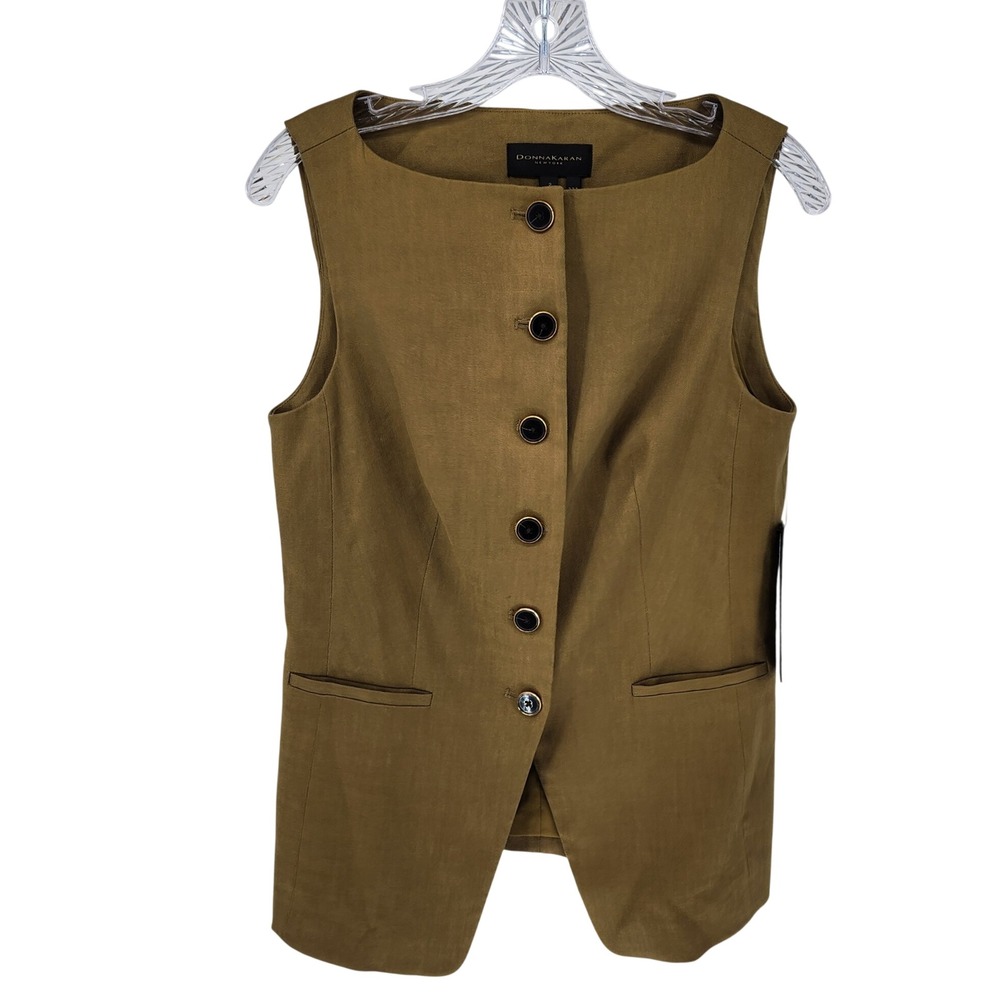 Donna Karan New York Women 2 Olive Bronze Linen Blend Tailored Button Front Vest